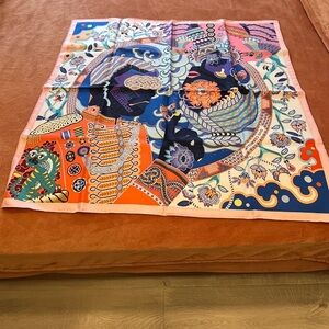 Hermes 90 Silk Scarf with Floral and Geometric Motifs